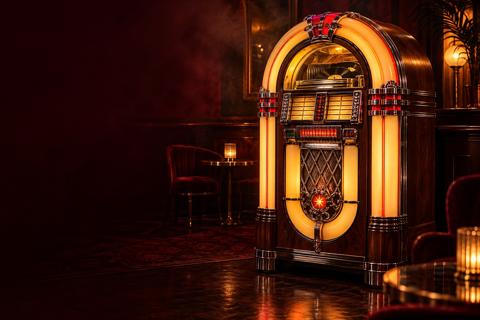 Juke-box rétro illuminé dans un bar aux lumières ambrées